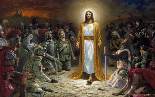 HD PC desktop wallpaper depicting Jesus standing with a radiant halo, surrounded by diverse figures in a dramatic, detailed, and reverent scene.