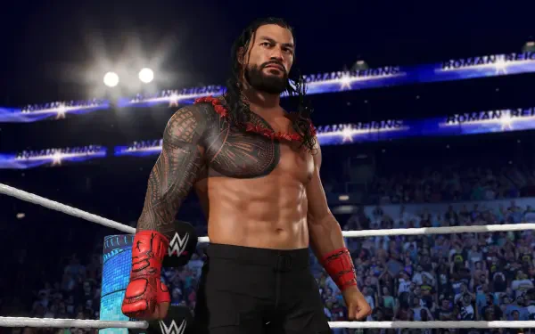 An HD PC desktop wallpaper featuring a wrestler in WWE 2K25, standing confidently in the ring, surrounded by an energetic crowd and vibrant arena lights.