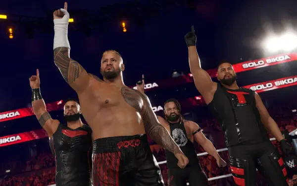 A dynamic scene from WWE 2K25 showcases powerful wrestlers celebrating in the ring, making it a striking HD PC desktop wallpaper and background for fans of the game.