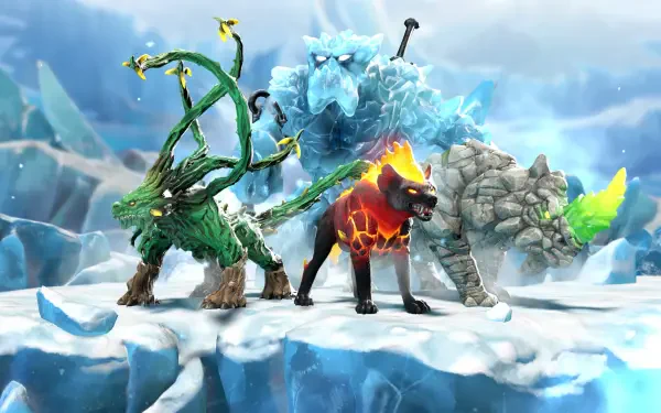 A vibrant 4K Ultra HD wallpaper showcasing characters from the video game Eldrador Creatures Shadowfall, featuring elemental creatures set against a frosty backdrop.