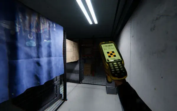 A character holds a handheld device in a dimly lit corridor, surrounded by metal gates and a blue tarp, embodying the atmospheric essence of the video game Order 13.