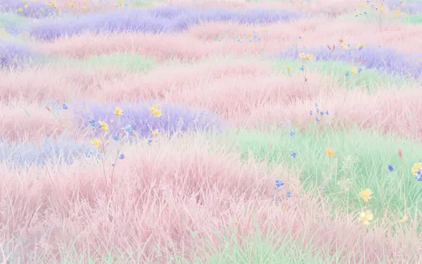 A serene, pastel-toned lawn with gently rolling grass and scattered wildflowers, featured as a vibrant 4K Ultra HD PC desktop wallpaper and background.
