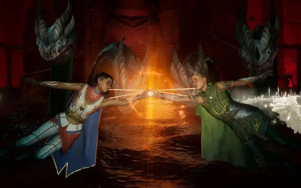 A captivating HD PC desktop wallpaper from the video game Split Fiction, featuring two characters reaching towards each other with an energy sphere, surrounded by a dramatic, fantastical backdrop.