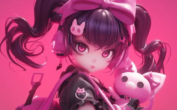 A vibrant HD wallpaper featuring Kuromi from Onegai My Melody, showcasing her playful style with pink tones, bold hair, and charming accessories in a Y2K aesthetic.