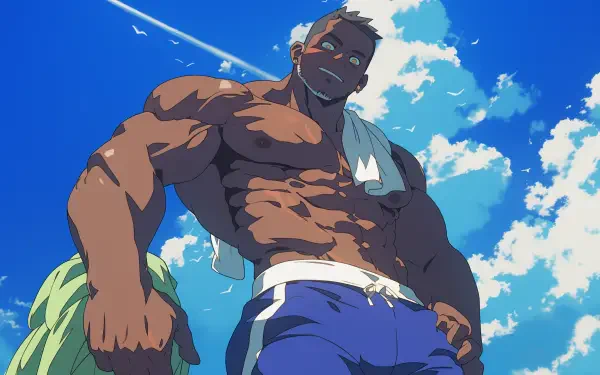 A muscular black anime character stands confidently under a bright blue sky, making for a striking HD PC desktop wallpaper and background.