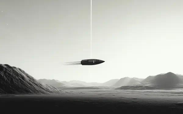 A striking black and white image of a rocket soaring above a desert landscape, featuring dramatic mountains and a dynamic sky, perfect as an HD desktop wallpaper.
