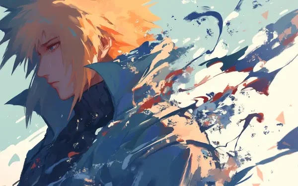 An HD desktop wallpaper featuring Minato Namikaze from Naruto, depicted with a sad expression amidst abstract, colorful splashes, capturing the emotional depth of anime.
