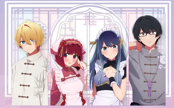 HD anime wallpaper featuring four characters from Oshi no Ko, dressed in traditional and maid-style outfits, set against a pastel geometric background.
