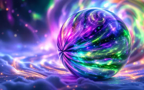 A mesmerizing 4K Ultra HD desktop wallpaper featuring a colorful, swirling orb surrounded by vibrant cosmic patterns, set against a dreamy cloudscape backdrop.