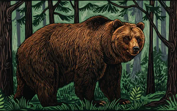 A detailed illustration of a brown bear standing in a lush forest, surrounded by trees and greenery, captured as a stunning 4K Ultra HD desktop wallpaper and background.