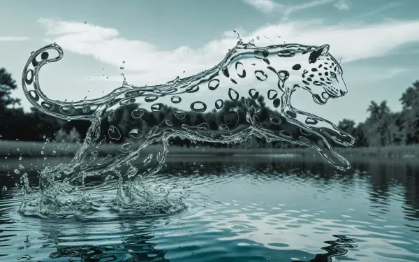 A stunning 4K Ultra HD wallpaper featuring a leopard gracefully leaping through water, creating splashes against a serene natural backdrop. Ideal for enhancing your desktop background.