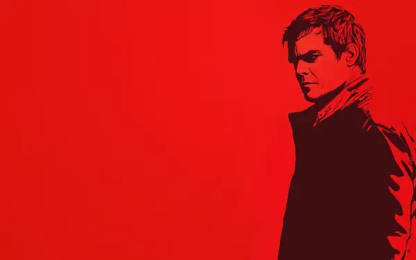 A striking HD wallpaper featuring Michael C. Hall as Dexter, set against a bold red background, capturing the show's intense atmosphere. Perfect for a TV show fan's desktop.
