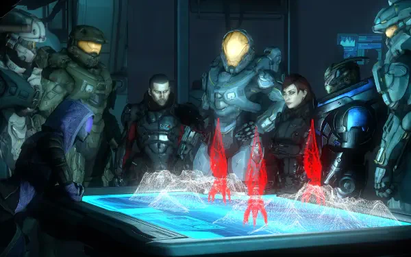 A vibrant 4K Ultra HD desktop wallpaper featuring iconic characters from Mass Effect and Halo, including Commander Shepard and Master Chief, strategizing around a holographic display.