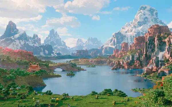 HD PC desktop wallpaper showcasing a stunning Minecraft landscape from A Minecraft Movie, featuring blocky mountains, a serene lake, and vibrant skies in the video game world.