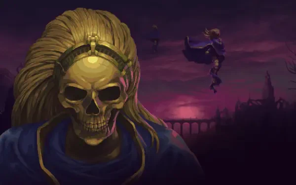 A dramatic HD desktop wallpaper from the video game Blasphemous, featuring a prominent golden skull figure against a dark, atmospheric backdrop with a mystical figure in the air.