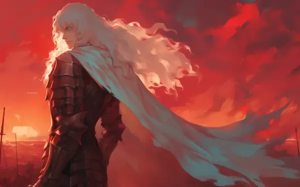 A striking HD wallpaper featuring Griffith from Berserk, with flowing white hair against a dramatic red sky, capturing the essence of anime artistry.