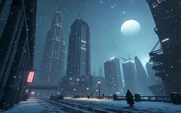 A serene winter cityscape under heavy snowfall, featuring towering skyscrapers and a large moon, captured in stunning 4K Ultra HD as a desktop wallpaper.