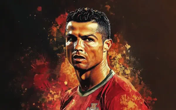 HD digital artwork of Cristiano Ronaldo wearing the Portugal National Football Team jersey, set against a fiery, dynamic background for a striking soccer-themed desktop wallpaper.