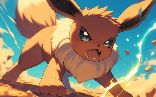 An HD desktop wallpaper featuring Eevee from Pokémon, depicted with an intense expression amidst a dynamic, vibrant background showcasing rage and energy.