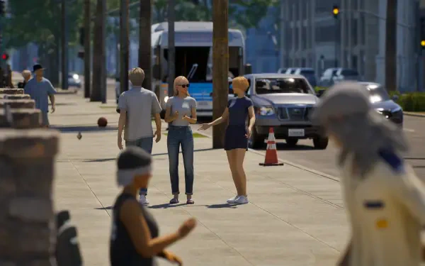 HD PC desktop wallpaper from the video game inZOI, depicting a detailed city street scene with pedestrians and vehicles in a modern urban environment.