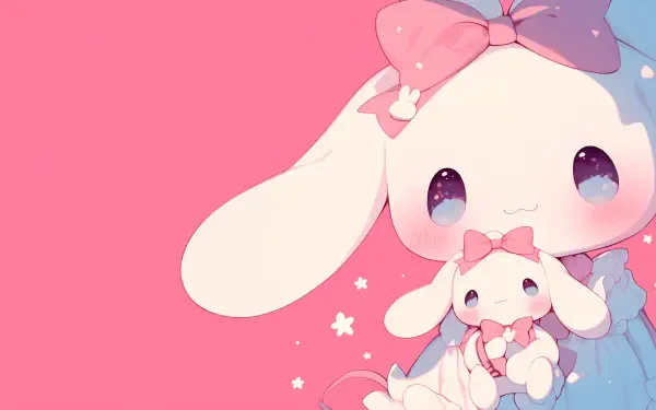 A cute Cinnamoroll character with a pink bow holds a smaller bunny, set against a soft pink background, showcasing a charming kawaii aesthetic in this HD desktop wallpaper.