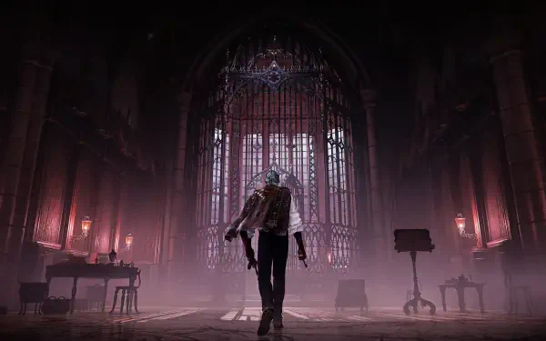 A dramatic scene from the video game The Duskbloods, featuring a mysterious figure walking through a dimly lit, gothic interior with towering stained glass windows.