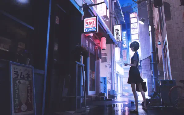 A stunning 4K Ultra HD wallpaper featuring Rei Ayanami from Neon Genesis Evangelion, set in a vibrant Japanese alleyway illuminated by neon lights.