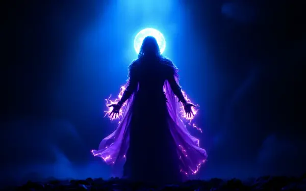A dramatic silhouette of a figure in a flowing cloak, surrounded by glowing purple energy, set against a striking blue light backdrop. A captivating 4K Ultra HD PC desktop wallpaper.