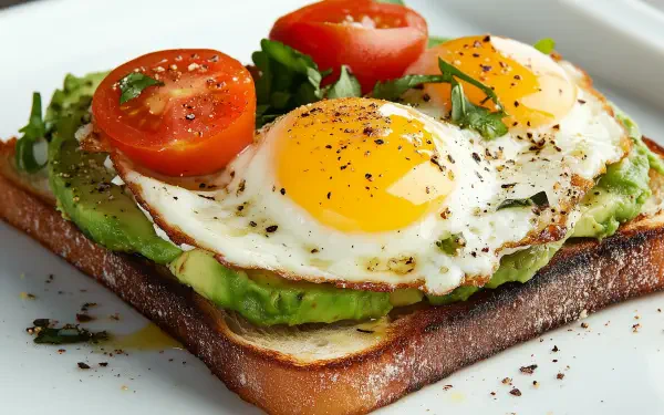 Avocado toast topped with fried eggs and cherry tomatoes, beautifully arranged on a plate. This vibrant image serves as a delightful high-definition desktop wallpaper.