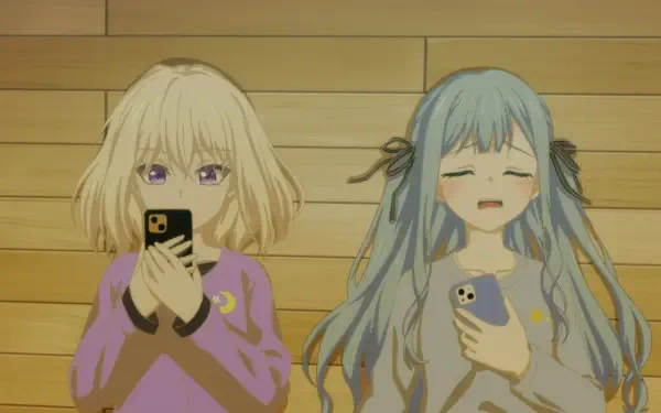 Two anime characters from BanG Dream! Ave Mujica are holding smartphones, standing against a wooden background. The image captures a candid moment in 4K Ultra HD quality.