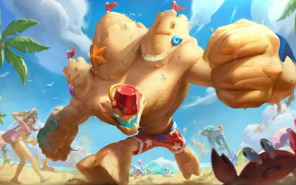 Vibrant 8K Ultra HD wallpaper featuring Malphite from League of Legends, depicted as a sandy beach-themed character enjoying a sunny day at the beach with palm trees and people around.