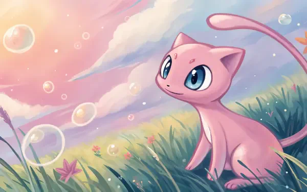 A charming illustration of Mew from Pokémon, surrounded by bubbles and vibrant grass under a colorful sky, designed as a 4K Ultra HD desktop wallpaper and background.
