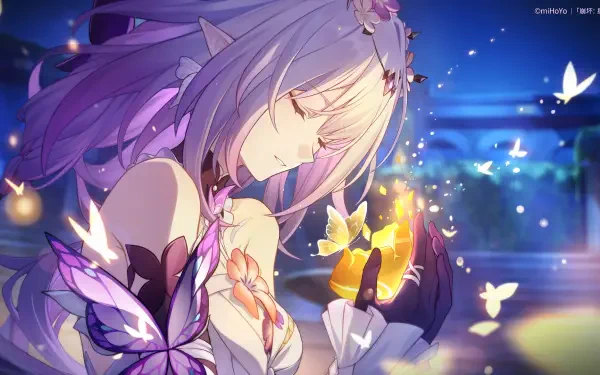 A serene anime girl from Honkai: Star Rail, Castorice, surrounded by glowing butterflies, captures a magical moment in this HD desktop wallpaper.
