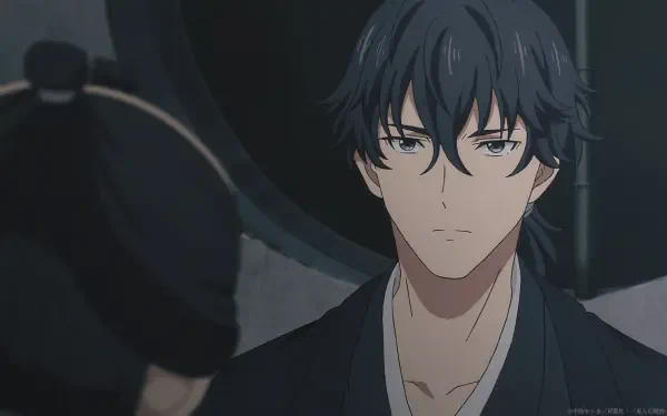 A focused character from the anime Kijin Gentōshō, depicted in a high-definition PC desktop wallpaper, featuring a serious expression and dark hair.
