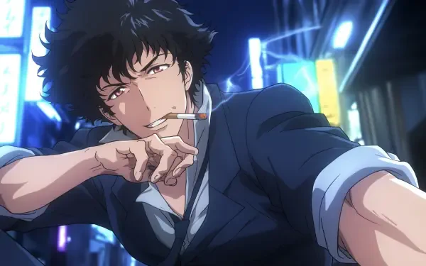 A dynamic HD wallpaper featuring Spike Spiegel from Cowboy Bebop, depicted in a blue anime style with a cigarette, set against a vibrant urban backdrop.