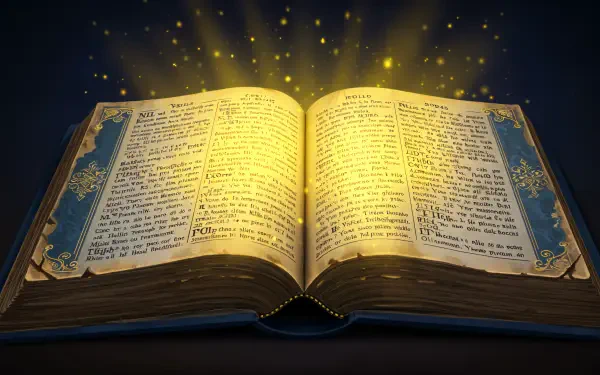 An open Bible glows with radiant light, surrounded by sparkles, creating an inspiring 4K Ultra HD desktop wallpaper and background.