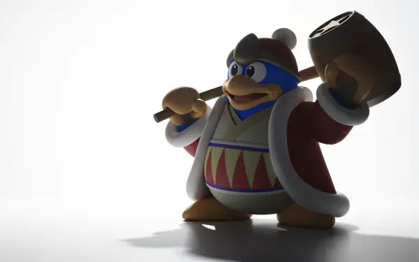 A vibrant 4K Ultra HD wallpaper featuring King Dedede, a cartoon character wielding a large hammer, set against a minimalist background with dramatic lighting.