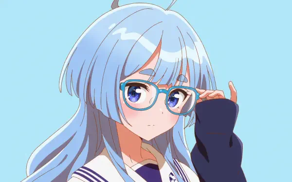Anime HD PC desktop wallpaper featuring Seiha Shiunji of The Shiunji Family Children — blue-haired girl with glasses in a sailor uniform against a pale blue background.