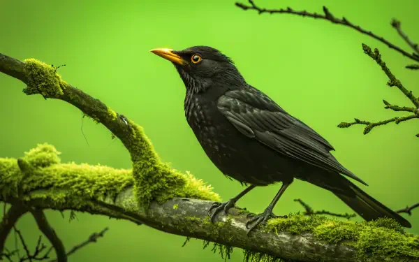 A blackbird perched on a moss-covered branch against a vibrant green background, captured in stunning detail for a 4K Ultra HD PC desktop wallpaper.