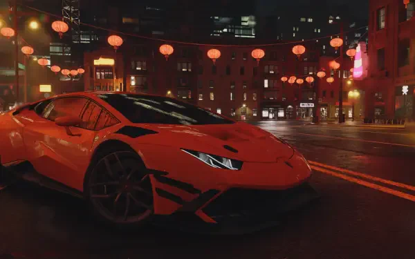 A vibrant HD desktop wallpaper featuring an orange sports car in a city at night, inspired by the video game Need for Speed Unbound, adorned with glowing lanterns.