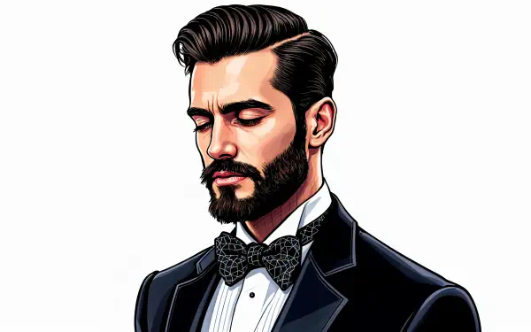 Illustration of a groom in a tuxedo with a bow tie, featuring a well-groomed beard and styled hair, designed as a 4K Ultra HD desktop wallpaper.