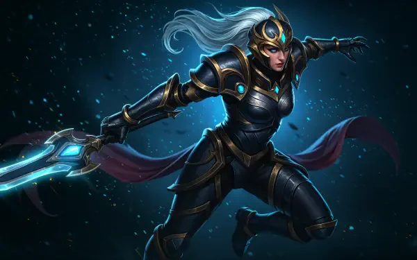 A powerful warrior in sleek armor wields a glowing sword, depicted in a dynamic pose against a dark, ethereal background. This 4K Ultra HD wallpaper brings intensity to your desktop.