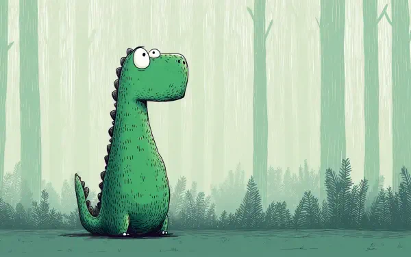 A whimsical green dinosaur stands in a misty forest, designed as a 4K Ultra HD PC desktop wallpaper, offering a playful and vibrant backdrop for your screen.