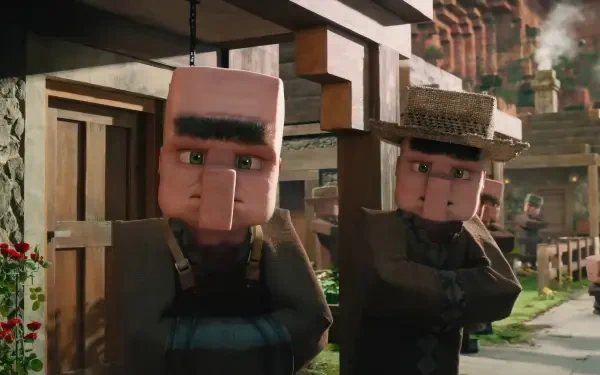 Two Minecraft villagers stand in front of a building, showcasing a scene from the upcoming movie. The colorful background emphasizes the vibrant world of Minecraft.