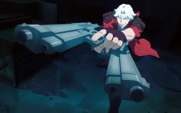 Dante from Devil May Cry aims his signature weapons in this striking 4K Ultra HD anime wallpaper, showcasing his fierce persona and dynamic action.