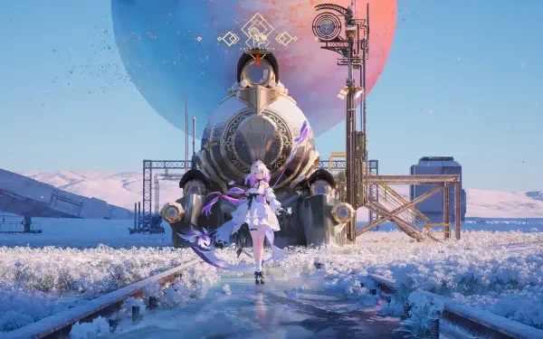 A stunning HD desktop wallpaper from Honkai: Star Rail, featuring Castorice in a snowy landscape, walking toward a futuristic train under a vibrant cosmic backdrop.