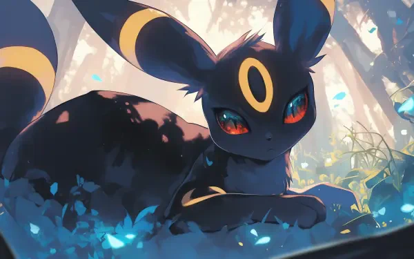 A captivating HD wallpaper featuring Umbreon, one of the beloved Pokémon, nestled among vibrant greenery in a serene, enchanting forest setting.