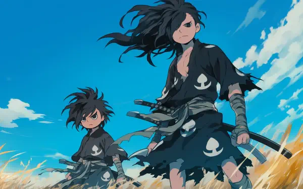 Hyakkimaru and Dororo stand confidently in a field, adorned in traditional attire with swords drawn. This HD wallpaper captures the essence of the anime Dororo against a vibrant blue sky.