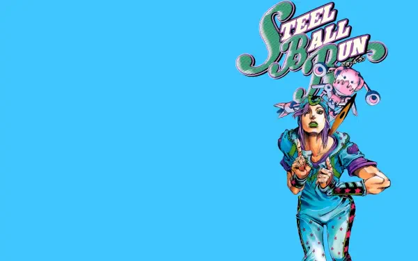 A vibrant HD desktop wallpaper featuring a character from Jojo's Bizarre Adventure: Steel Ball Run against a cyan background, showcasing dynamic anime art.