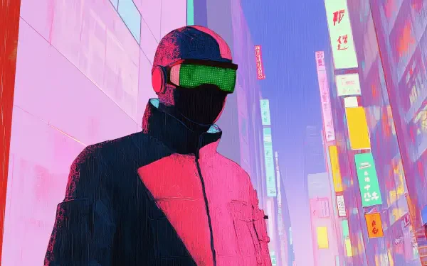 A vibrant digital painting of a hacker in a neon-lit urban environment, featuring bold colors and futuristic elements, designed as a high-definition PC desktop wallpaper.